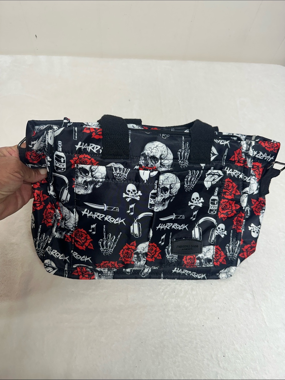 Hard Rock Cafe Black Tote with Red Rose & White Skull Print